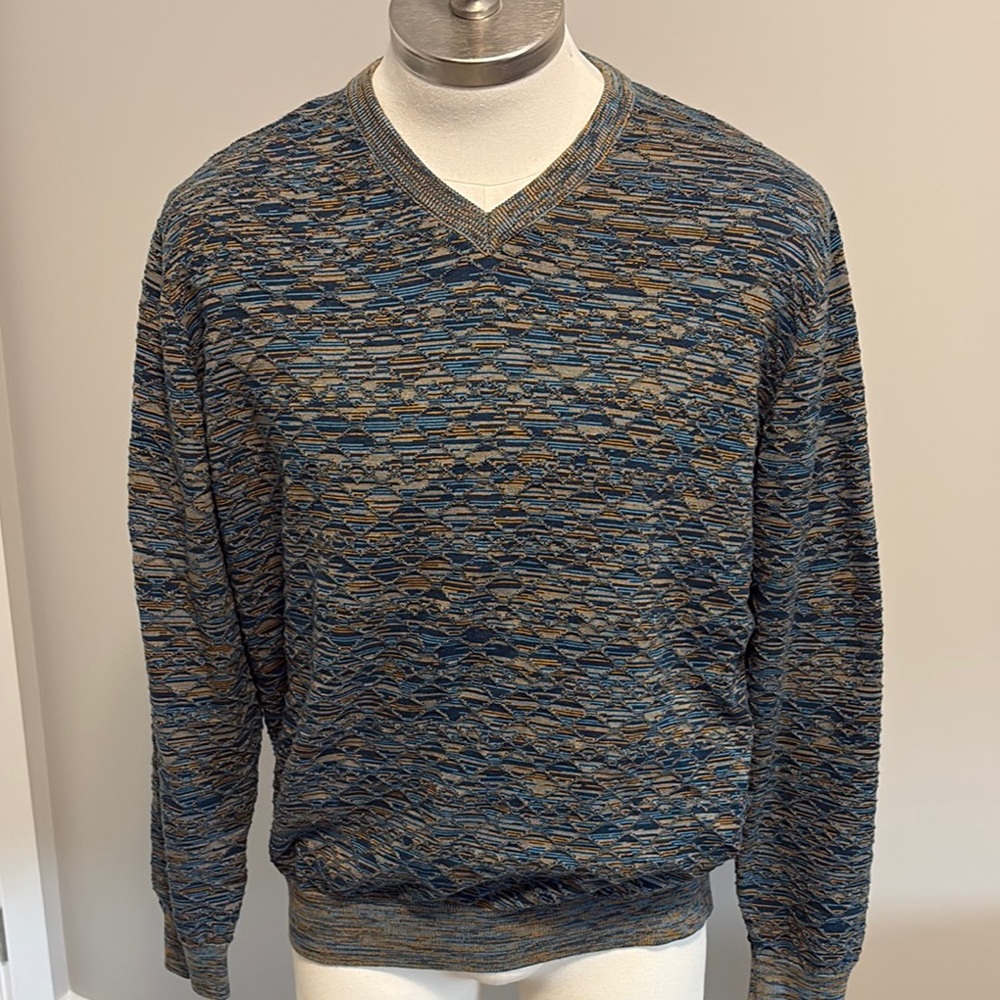 Blue and Brown V-Neck Sweater with Textured Knit